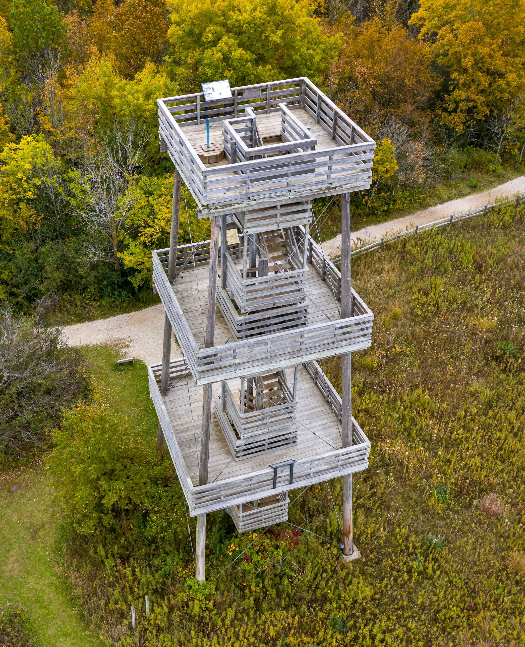 A 60 foot wooden observation tower shown from above.